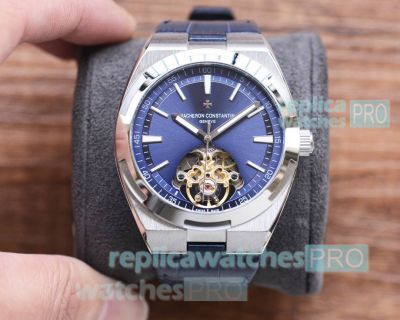 Copy Vacheron Constantin Overseas Blue Dial Blue Leather Strap Watch Men 41MM